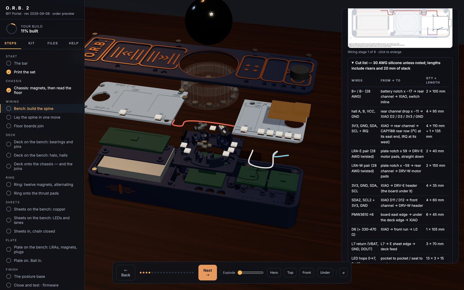 The O.R.B. 2 build portal — the chassis on a bench, boards flying in, the wiring drawn in colour