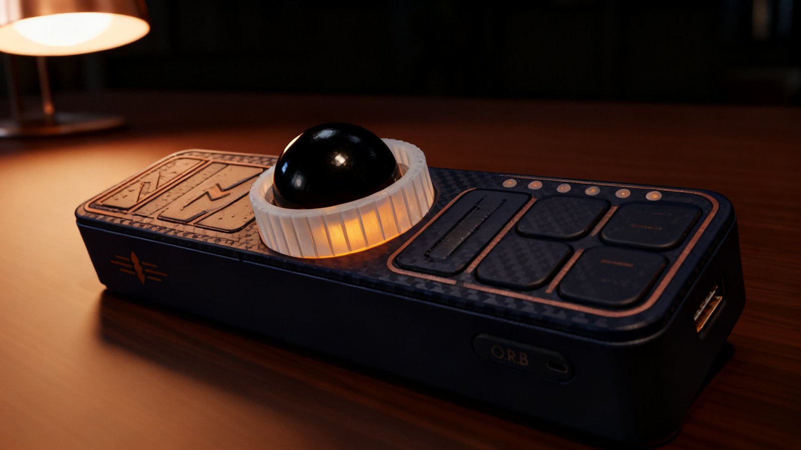 The O.R.B. 2 in profile on its posture base, the ring lit